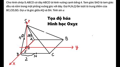 Toán 12: Tọa độ hóa: Cho hình chóp S.ABCD có đáy ABCD là hình vuông cạnh bằng 4. Tam giác SAD