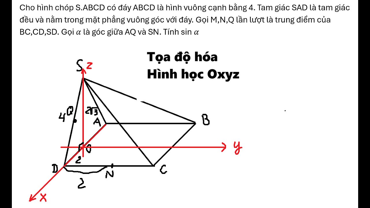 Toán 12: Tọa độ hóa: Cho hình chóp S.ABCD có đáy ABCD là hình vuông cạnh bằng 4. Tam giác SAD