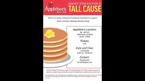 PANCAKE BREAKFAST - Applebee's Butler 1200 State Rt 23, Butler, NJ 07405 8-10 AM ET 11/23/25