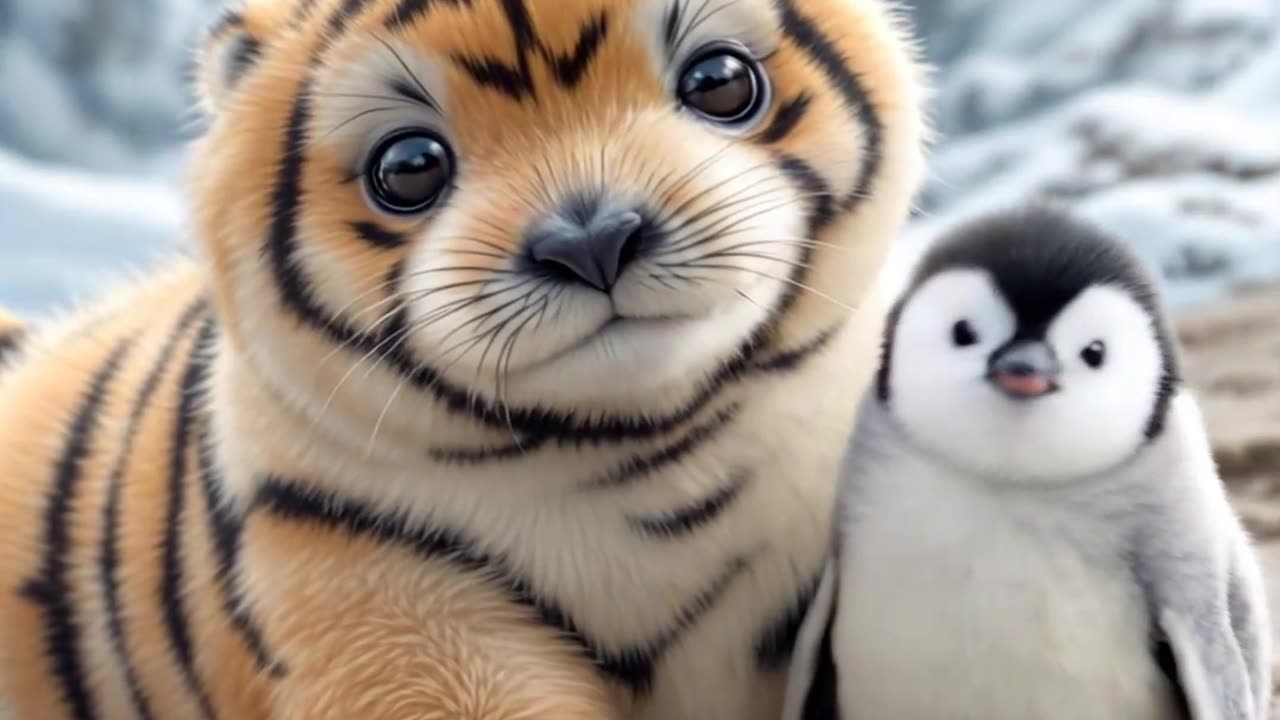 A very cute and adorable orange and black stripped seal waving and cute penguin cheerfully playing