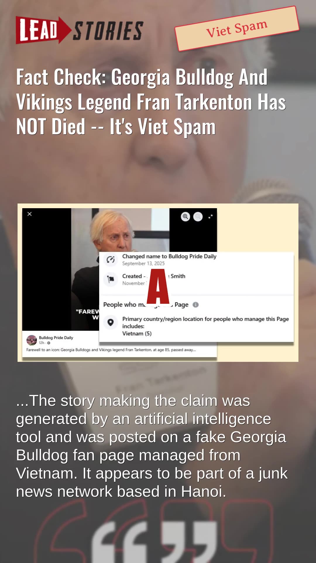 Fact Check: Georgia Bulldog And Vikings Legend Fran Tarkenton Has NOT Died -- Its Viet Spam