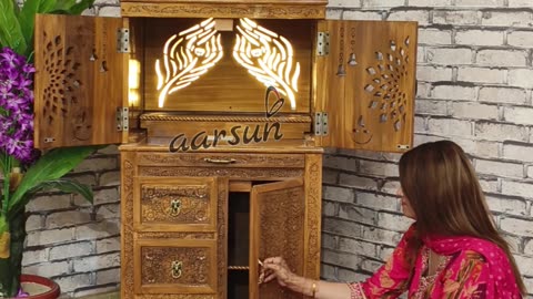 Royal Teak Wood Temple Design | LED Feather Back Panel | Bhog Tray