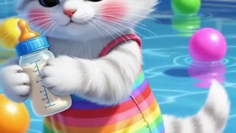 cute white kitten wearing a rainbow-striped swimsuit
