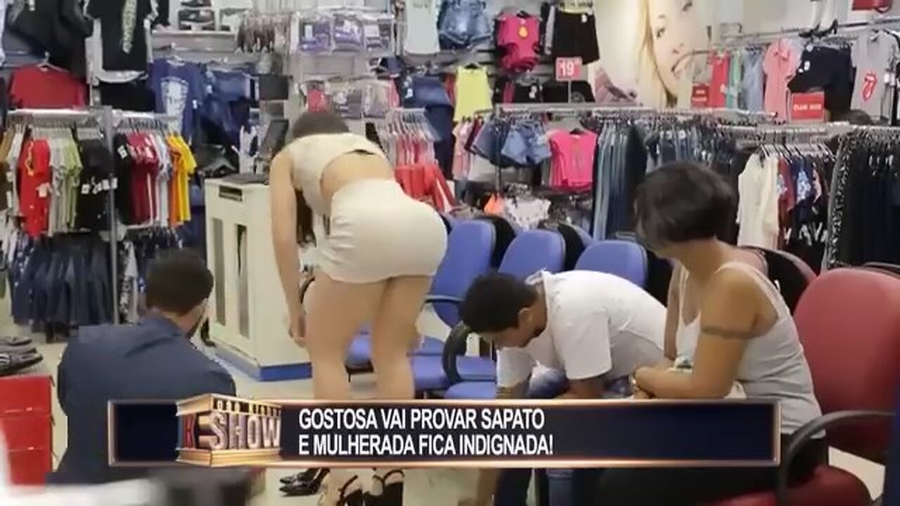 Girl shows too much when trying on shoes and causes a huge mess