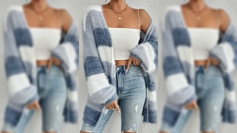 Striped Fuzzy Knit Open Front Cardigan