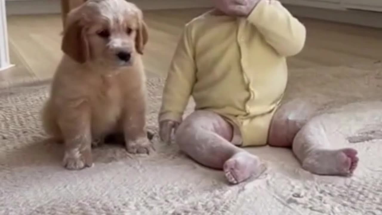 Baby fart plus puppy sneeze create a flour mess