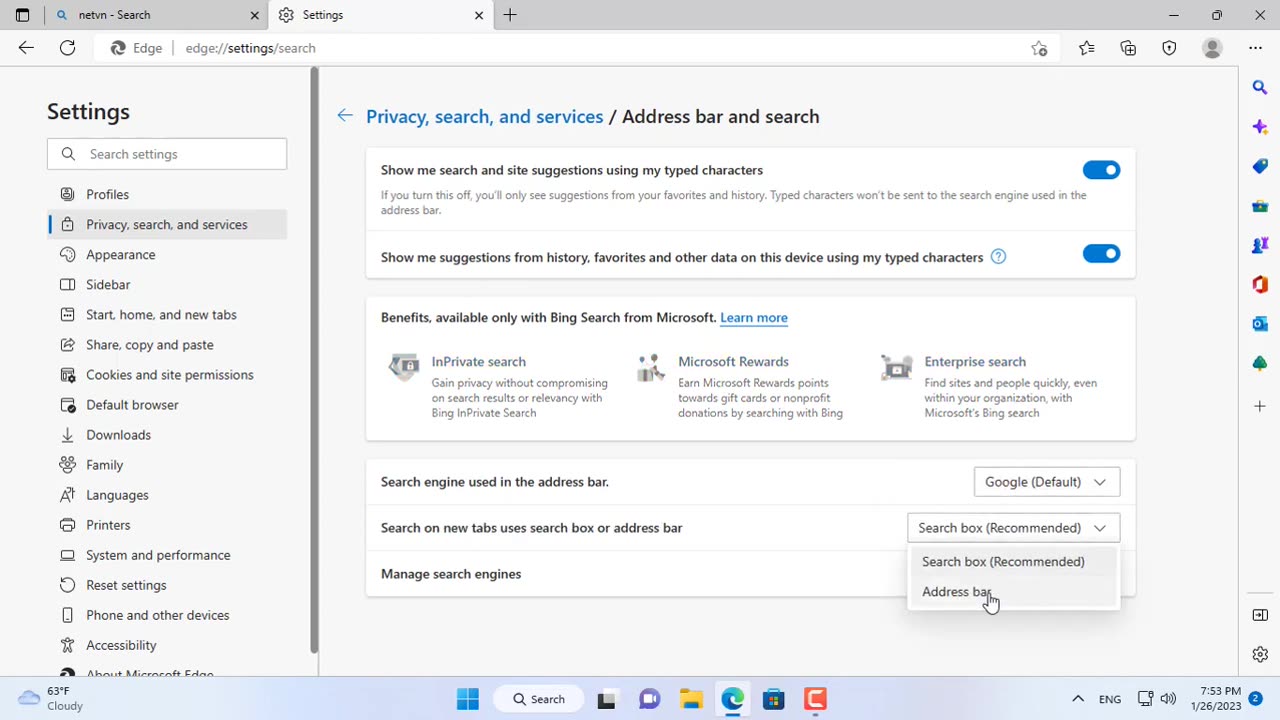 How to change Bing to Google in Microsoft Edge