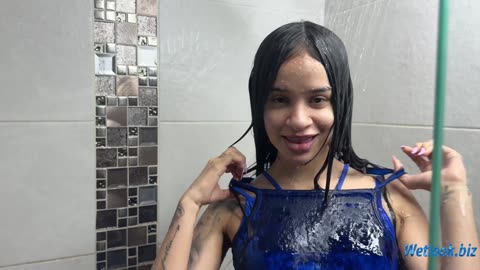 Pety Gets Drenched in Velvet Dress & Stockings | Wetlook Shower