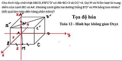 Toán 12: Tọa độ hóa: Cho hình hộp chữ nhật ABCD.A’B’C’D’ có AB=BC=2 và CC’=4. Gọi M và N lần lượt