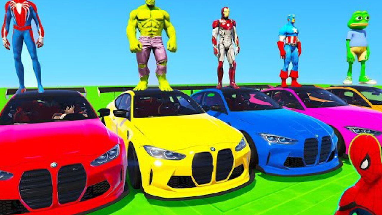 SPIDERMAN CARS MEGA MULTI Ramp JUMP Challenge! SUPERHERO HULK Goku Epic new Stunts BMW Race