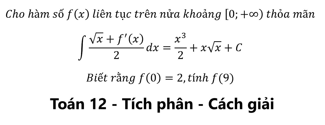 Cho hàm số f(x) liên tục trên nửa khoảng [0;+∞) thỏa mãn ∫ (√x+f'(x))/2 dx =x^3/2+x√x+C