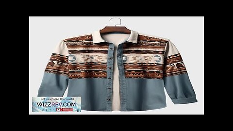 Mens Ethnic Geometric Print Patchwork Lapel Long Sleeve Shirts Blue S Review