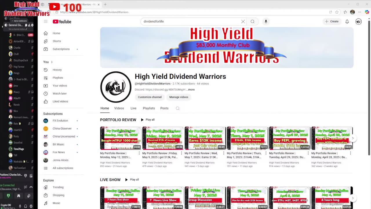 High Yield Dividend Warriors Tuesday Night Live 13 May Portfolio up $10k to $188k