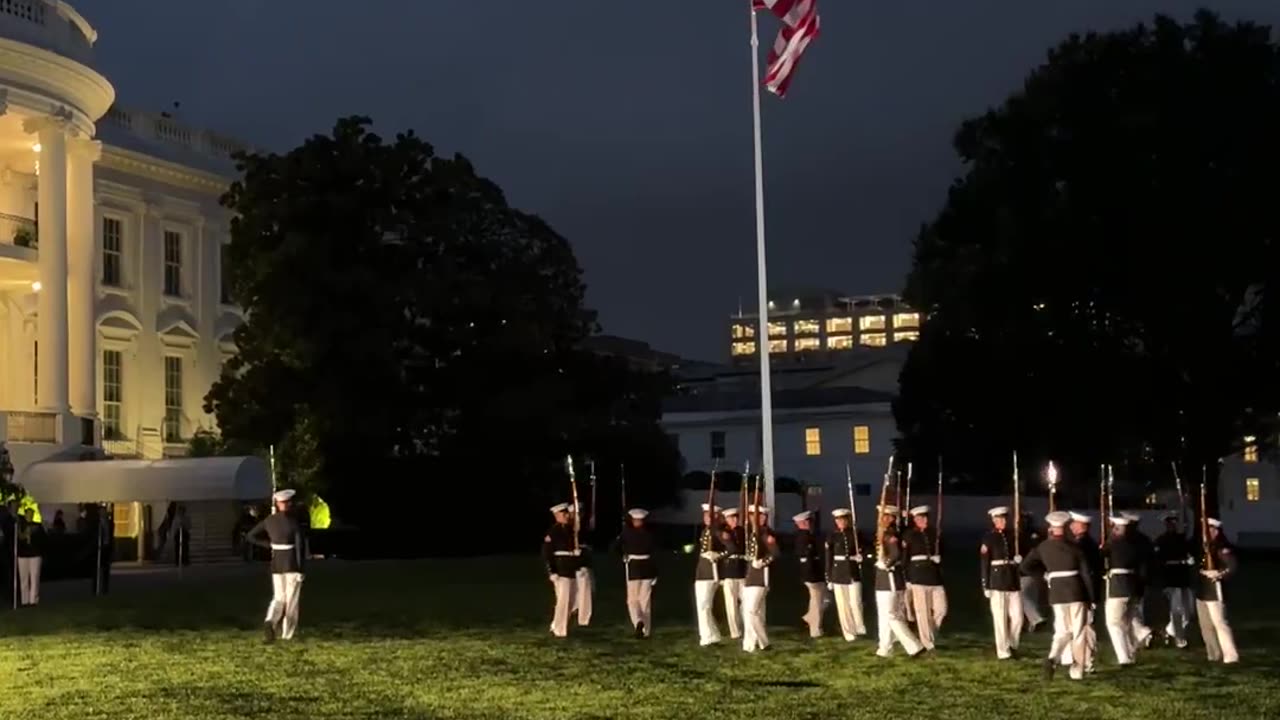 The U.S. Marine Corps Silent Drill Platoon performs on the South Lawn Wednesday evening 🇺🇸
