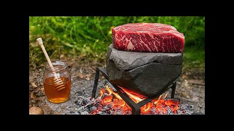 Ribeye Steak on Hot Stone 🔥 | Bushcraft Cooking with Garlic Bread & Smoked Whiskey ASMR