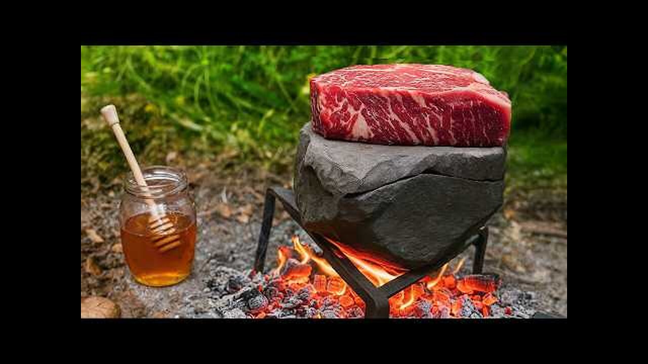 Ribeye Steak on Hot Stone 🔥 | Bushcraft Cooking with Garlic Bread & Smoked Whiskey ASMR