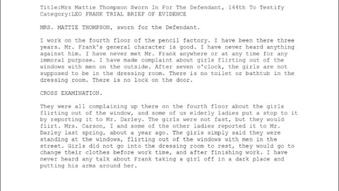 MRS MATTIE THOMPSON, Sworn In For The Defendant, 144th To Testify