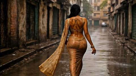 Rainy Day Walk Beautiful Saree Girl _ Girl Walking Alone in Rain – Cinematic 3D Unreal Engine Scene
