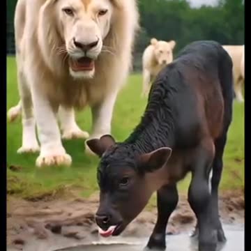 Black cow vs white lion fight for baby cow@lion#cow@animals
