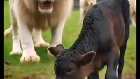 Black cow vs white lion fight for baby cow@lion#cow@animals