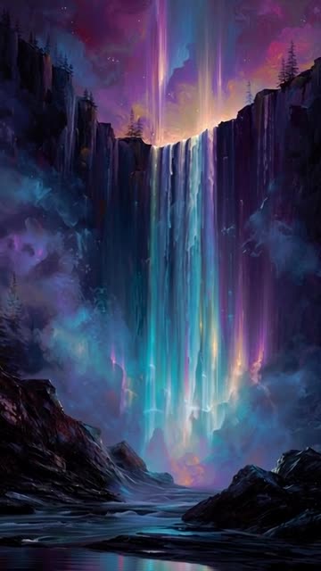 A waterfall pours liquid light instead of water, cascading down a cliff into a dark lake