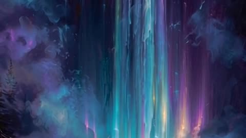 A waterfall pours liquid light instead of water, cascading down a cliff into a dark lake