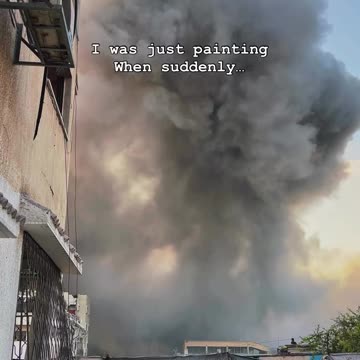 Palestinian artist, Amir Hellis, captures the moment Israeli forces carry out a massive airstrike