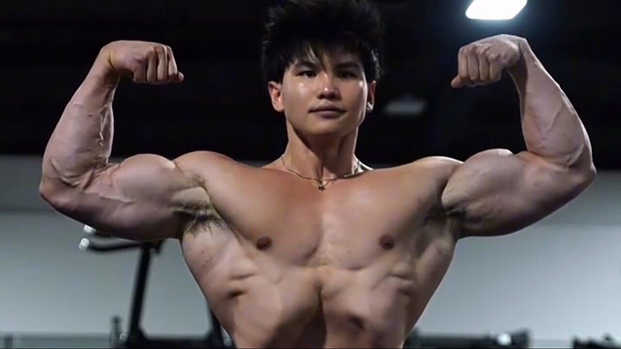 Young man flexing muscles