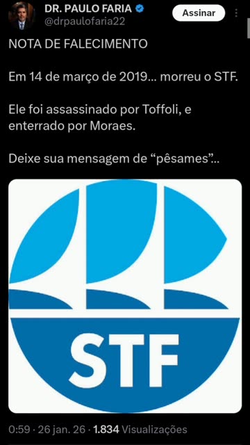 NOTA DE FALECIMENTO Em 14 de março de 2019… morreu o STF. Ele foi assassinado por Toffoli, e enterrado por Moraes. Deixe sua mensagem de “pêsames”…