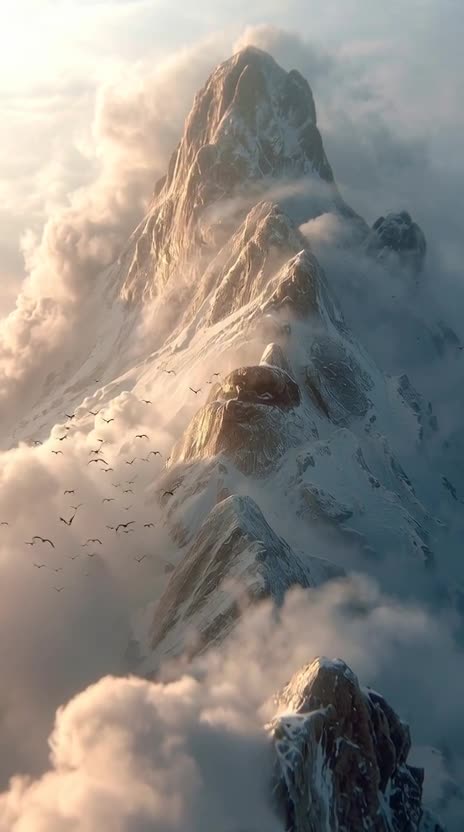 Ultra realistic cinematic aerial video of a colossal between two mountain peaks