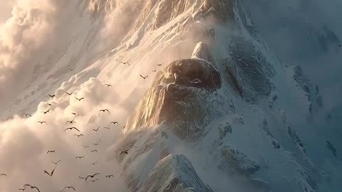 Ultra realistic cinematic aerial video of a colossal between two mountain peaks