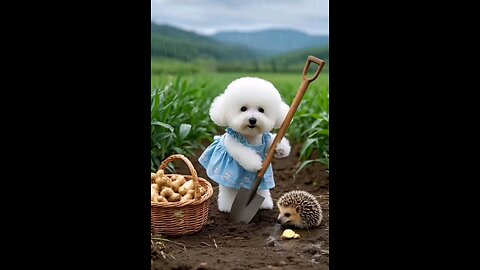The little dog looks for food and makes food.
