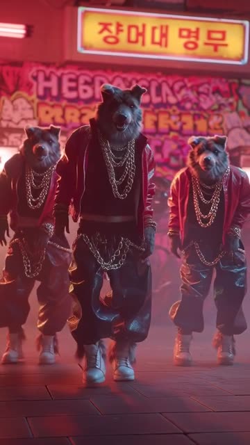 Hyper-realistic female dogs performing a Thriller-style dance routine on neon-lit Korean streets.