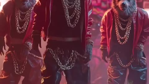 Hyper-realistic female dogs performing a Thriller-style dance routine on neon-lit Korean streets.