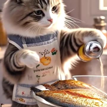 Cute cat cooking for little boy