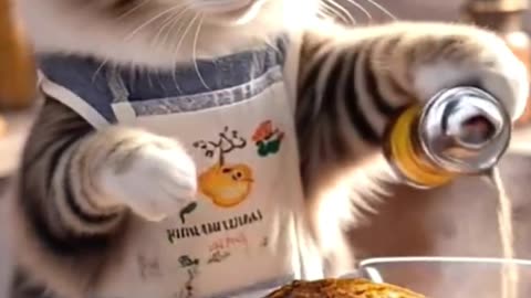 Cute cat cooking for little boy