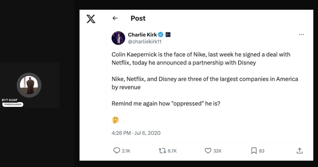 CHARLIE KIRK VS. COLIN KAEPERNICK, GEORGE FLOYD, AND BLACK AMERICA