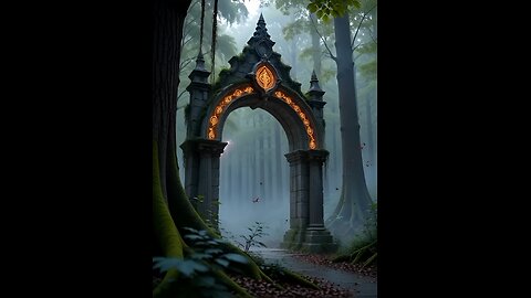 Ancient stone archway in a misty forest, a swirling purple