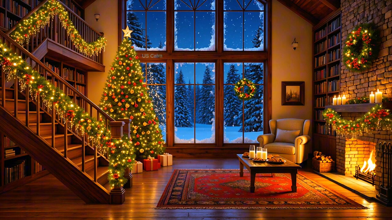 Christmas Cozy Night LIVE • Warm Fireplace + Snow on Windows • Relaxing Sleep & Holiday Winter Calm