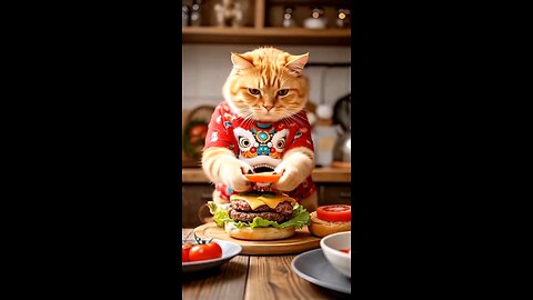 A beautiful cat cooking food and drink 👨‍🍳🍲🍲👨‍🍳🍖🎉🎉🍝🍝🍝🍗