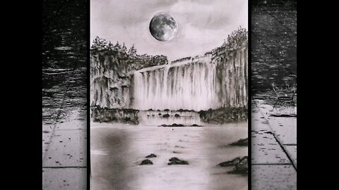 How to draw night mode waterfalls landscape scenery by simple tools. Practical Art