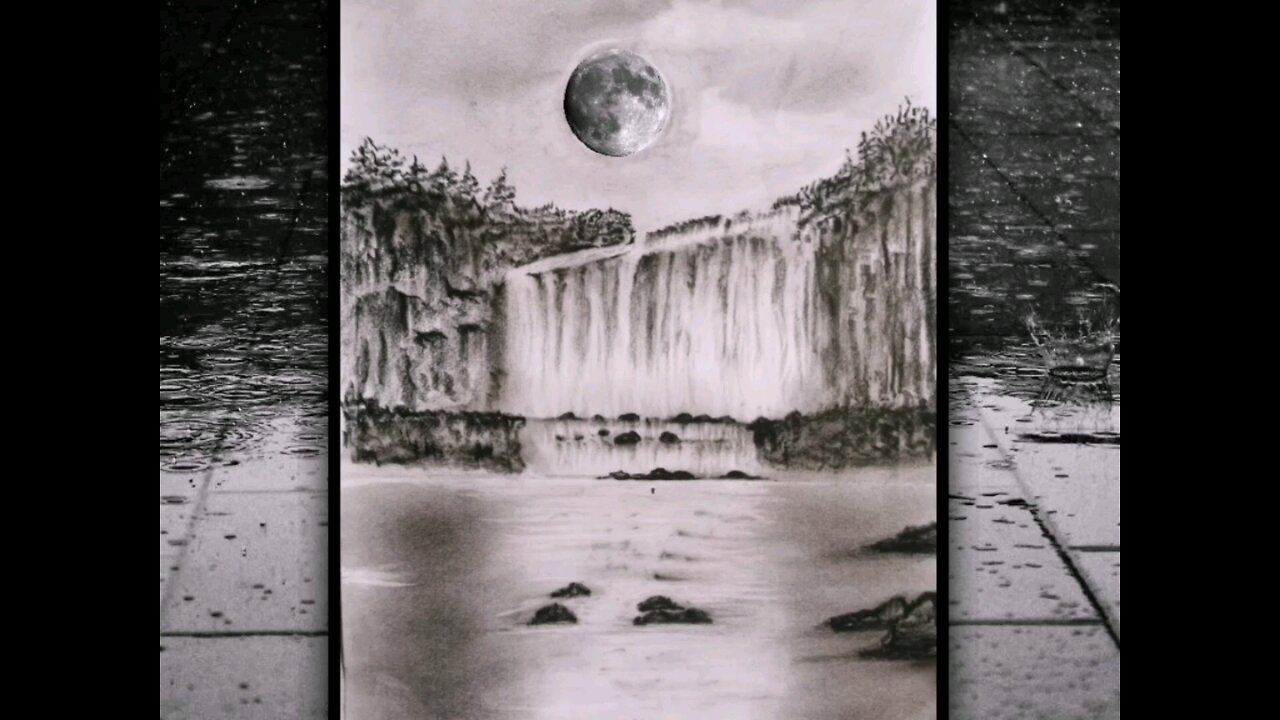 How to draw night mode waterfalls landscape scenery by simple tools. Practical Art