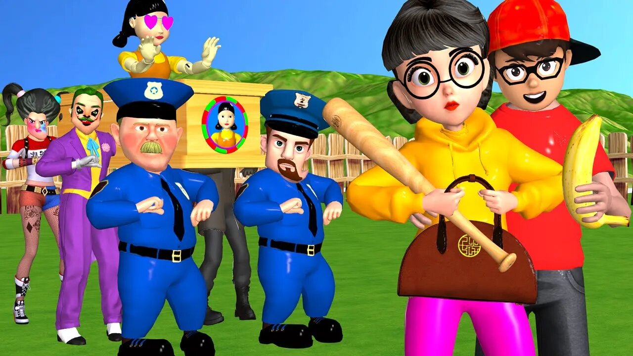 🎭 Scary Teacher 3D vs Neighbor Joker & Harley Quinn – Squid Game Challenge! 🚔⚡