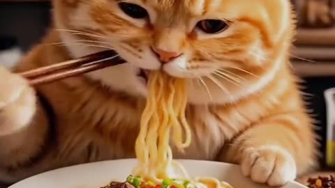 The orange cat making a noodles