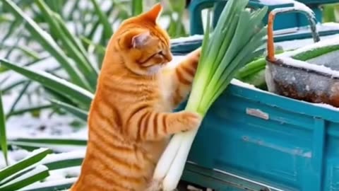 Orange cat harvests vegetables and sells them to the market