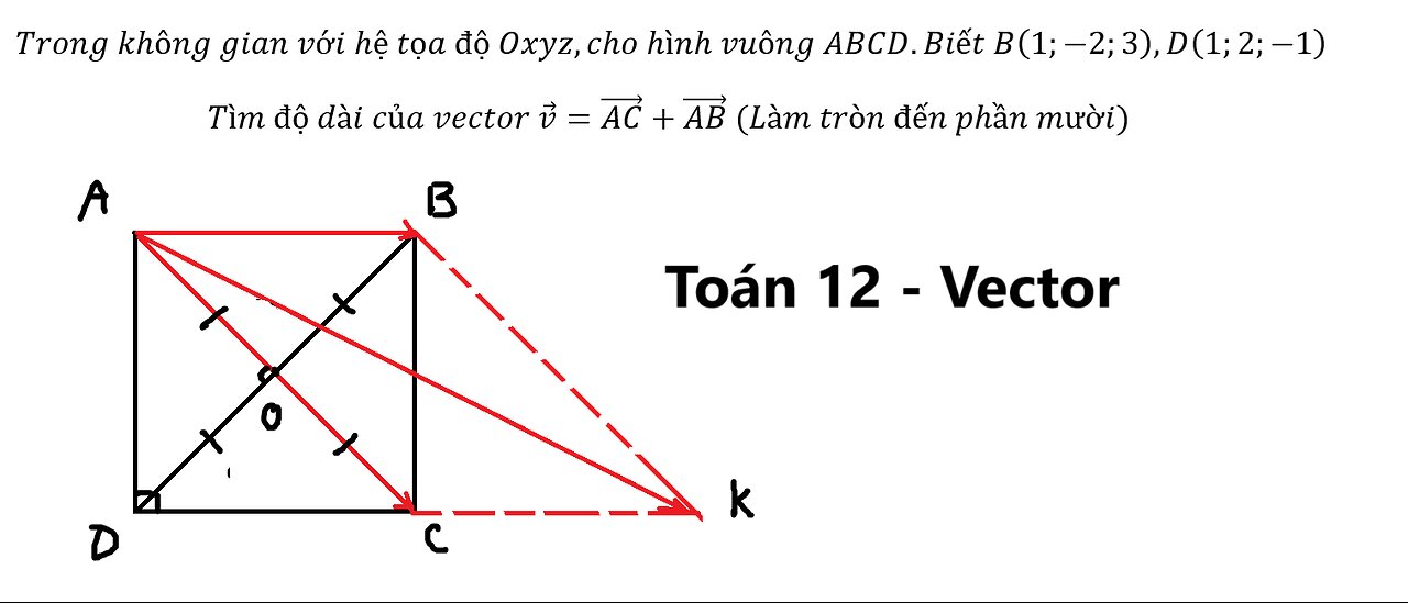 Trong không gian với hệ tọa độ Oxyz,cho hình vuông ABCD.Biết B(1;-2;3),D(1;2;-1)