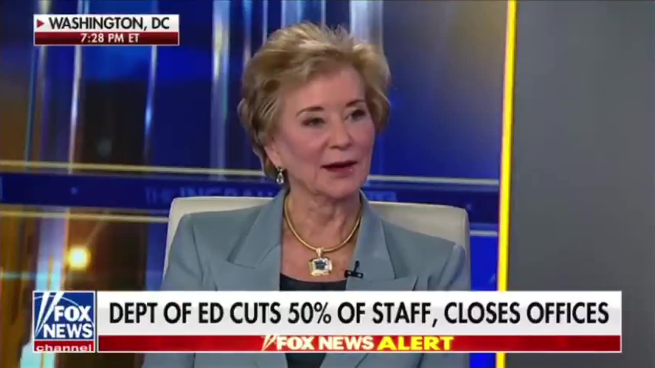 Secretary of Education Linda McMahon reacts to the breaking news