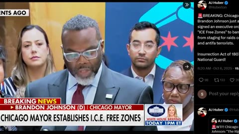 AJ Huber @Huberton 🚨BREAKING: Chicago Mayor Brandon Johnson just announced he signed an executive order creating "ICE Free Zones" to ban ICE agents from staging for raids on illegal aliens and antifa terrorists. Insurrection Act of 1807! N