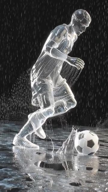 A transparent soccer player made of water, touching the ball on a rock surface