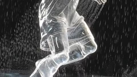 A transparent soccer player made of water, touching the ball on a rock surface